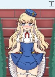 azur_lane blonde_female blonde_hair blue_eyes blue_hat blush blush blush_lines distant_gaze dress dress_up ecchi hair_ornaments long_hair panties panties_down queen_elizabeth_(azur_lane) showing_panties tony_x_play tonyxplay vaginal_fluids vaginal_juices wet_clothes wet_panties wet_pussy