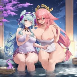 1girls 2girls ai_generated areola_slip bangs blue_hair blush breasts bucket eyebrows_visible_through_hair fence genshin_impact hair_between_eyes horns lantern large_breasts long_hair looking_at_viewer naked_towel night night_sky nude_cover oerba_yun_fang onsen partially_submerged pink_eyes pink_hair pointy_ears purple_eyes racerai rock sitting size_difference sky smile soaking_feet star_(sky) starry_sky steam tail tokkuri towel very_long_hair water yae_miko yumemizuki_mizuki yuri