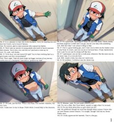 aged_up ai ai_generated anime anime_character black_shirt blue_jacket comic comic_page erection filmed interview jeans nervous pokemon satoshi_(pokemon)