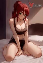 1girls 2d abs ai_generated ass big_ass big_breasts breasts cleavage erophoenix female female_focus full_body green_eyes looking_at_viewer navel patreon_username ponytail pyrrha_nikos red_hair rwby solo solo_female thick thick_thighs uncensored