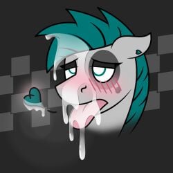 1:1 anthro blue_eyes blue_hair blush blush_lines bodily_fluids checkered_(artist) cum cum_drip cum_in_hair cum_on_face dripping ears_back equid equine fan_character female genital_fluids grey_body hair heart_symbol horse mammal pivoted_ears pony solo starflower_(checkered) tongue tongue_out
