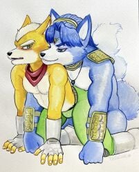 2025 all_fours anthro armor ass athletic athletic_anthro athletic_male bedroom_eyes blue_body blue_fur blush bodily_fluids bulge butt_tattoo canid canine clothed clothing collar doggy_style duo fluffy fluffy_tail fox fox_mccloud from_behind_position ftm_crossgender fur hi_res krystal_(star_fox) looking_back male male/male mammal mostly_nude narrowed_eyes nintendo on_ground painting_(artwork) rule_63 scarf seductive sex simple_background smile star_fox sweat sweatdrop tail tattoo topless traditional_painting_(artwork) traditional_watercolor_(artwork) ulala_ko unconvincing_armor watercolor_(artwork) yellow_body yellow_fur