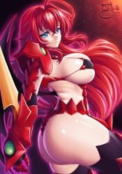 1girls ass ass_focus big_ass big_breasts bikini black_wings blue_eyes boosted_gear breasts cowboy_shot demon_girl demon_wings female female_only gauntlets hair_intakes high_school_dxd large_breasts light-skinned_female long_hair red_bikini red_hair rias_gremory sevie signature solo swimsuit wings