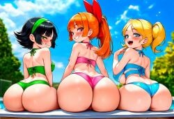 3girls aged_up ai_generated big_ass bikinis black_hair blonde_hair blossom_(powerpuff_girls) bubbles_(powerpuff_girls) buttercup_(powerpuff_girls) huge_ass huge_breasts laughing looking_at_viewer medium_breasts poolside powerpuff_girls presenting_ass red_hair self_upload selvokaz small_breasts smirking smug tagme