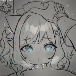 2girls absurdres ahe_gao blue_eyes commentary cum cum_in_mouth cum_overflow dokibird_(vtuber) dokibird_(vtuber)_(bounty_hunter) english_commentary fellatio female futa_with_female futanari futanari_pov gloves greyscale hair_ornament hairclip hand_on_another's_head heart highres indie_virtual_youtuber inset intersex live_tucker_reaction_(meme) looking_at_viewer maid_headdress meme mint_fantome monochrome multiple_girls oral penis pointy_ears pov rukunikun simple_background spot_color triangular_headpiece two_side_up wavy_hair x_hair_ornament