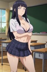 ai_generated bangs black_hair bra breasts chair chalkboard classroom cleavage desk female hyuuga_hinata indoors large_breasts long_hair navel school school_desk school_uniform skirt solo toned underwear window