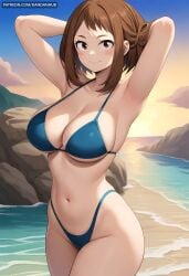 ai_generated armpits arms_behind_head arms_up bangs beach bikini blue_bikini blush blush_stickers boku_no_hero_academia breasts brown_eyes brown_hair cleavage closed_mouth collarbone cowboy_shot dandanhub female highleg highleg_bikini large_breasts looking_at_viewer my_hero_academia navel ocean ochako_uraraka outdoors patreon_username rock short_hair sidelocks sky smile solo swimsuit thighs uraraka_ochako water
