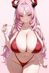 ai_generated big_breasts bikini blue_archive breasts half-closed_eyes halo horns huge_breasts kyougoku_satsuki looking_at_viewer pink_hair red_bikini red_eyes satsuki_(blue_archive) silverai simple_background smile tagme teeth thick_thighs thighs