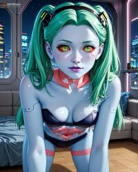 ai ai_generated aqua_hair artificial_eye bare_arms bare_legs black_strapless_bra blue_skin city colored_sclera colored_skin createdwithai cyberpunk cyberpunk_interior cyberpunk_setting cyberpunk_world cyberskin cyborg digital_2d fan_art female female girl green_eyes green_hair grey_skin leg_tattoo lights long_hair mechanical_eye neck_tattoo neon night_city nostra666 parted_bangs patreon purple_lips rebecca_(edgerunners)_cyberpunk:_edgerunners red_pupils red_sclera stable_diffusion stomach_tattoo tattoo twintails underwear