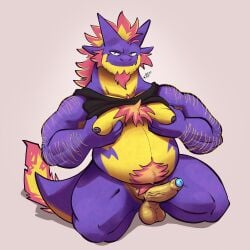 1:1 2025 absurd_res anthro arm_hair balls body_hair bottomless chest_hair clothed clothing digital_media_(artwork) erection facial_hair foreskin generation_8_pokemon genitals goatee hair hi_res humanoid_genitalia humanoid_penis kneeling looking_at_viewer male muscular muscular_anthro muscular_male nintendo nipple_piercing nipples partially_clothed pecs penis piercing pokemon pokemon_(species) purple_body score_(padzyan) shirt sideburns smile solo squeezing_pec tail topwear toxtricity undershirt yellowluster