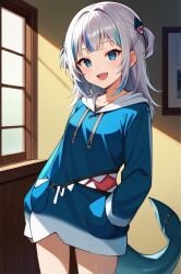 ai_generated bangs blue_eyes blush cowboy_shot drawstring eyebrows_visible_through_hair female hair_ornament hololive hood hood_down hoodie long_hair long_sleeves multicolored_hair open_mouth sharp_teeth silver_hair smile solo streaked_hair teeth two-tone_hair white_hair