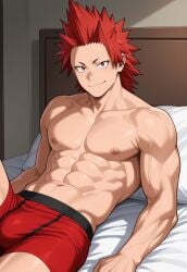 1boy abs ai_generated arm_support bara boku_no_hero_academia boxer_briefs boxer_briefs_only bsky_link bulge civitai dvxxxgrai eijirou_kirishima gay illustrious_(stable_diffusion) kirishima_eijirou lying_on_bed male male_only my_hero_academia navel nipples nude red_boxer_briefs red_male_underwear red_underwear smile solo solo_male tagme