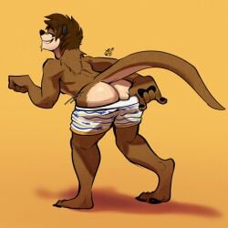 1:1 2025 anthro ass brown_body brown_fur brown_hair c.j._(cjtheotter) clothed clothing digital_media_(artwork) fur furry-specific_brand hair hi_res looking_at_viewer male mammal motion_lines mustelid otter partially_clothed pawpads presenting presenting_hindquarters rudderbutts signature simple_background smile solo tail teasing underwear underwear_down yellowluster