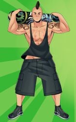 fully_clothed male male_focus male_only mohawk muscular muscular_male nipple_peek no_visible_genitalia oc pubic_hair shoes shorts simple_background skateboard skater solo solo_focus solo_male tank_top tattoos yuunsfw