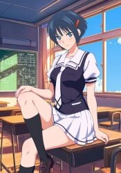 1girls blue_eyes blue_hair botan_nagatsuki classroom collar collarbone leg_up looking_at_viewer medium_breasts pleated_skirt sailor_uniform school_uniform short_hair short_skirt sitting sitting_on_desk