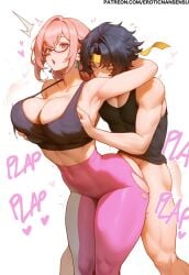 1boy 1girls 2d 2d_(artwork) ai_assisted ai_generated artist_name asaba_harumasa ass ass_grab breasts digital_drawing_(artwork) english_text erotic_nansensu female female_focus from_behind large_ass large_breasts leggings light-skinned_female light_skin looking_at_another looking_back male patreon_username sex standing_doggy_style standing_sex thick_thighs thighs torn_clothes tsukishiro_yanagi watermark wide_hips yoga_pants zenless_zone_zero