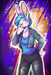 alternative_fashion blue_hair bondage bottomwear breasts cleavage clothed clothing denim denim_bottomwear denim_clothing disnomia female gesture hair hand_gesture hi_res jacket jeans kat_(disnomia) lagomorph leather leather_clothing leather_jacket leather_topwear leporid looking_at_viewer mammal nyxapnea pants punk rabbit shirt smile smiling_at_viewer story story_in_description tank_top topwear