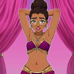 1girls ai_generated arcane bare_arms bare_shoulders belly_dancer belly_dancer_outfit belly_dancing bra breasts breasts brown_hair brown_skin cleavage curtains dancer dancing earrings exotic_dancer female female female_focus female_only glasses gold_jewelry hands_behind_head harem_clothing harem_girl harem_jewelry harem_outfit jewelry league_of_legends looking_at_viewer necklace neckwear pink_curtains purple_bra short_hair sky_young smile solo solo_female solo_focus standing