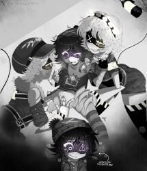 1boy2girls beanie beanie_hat black_beanie black_gloves fingering fingering_pussy gloves headband headwear moistyghosty murder_drones n_(murder_drones) net_stockings purple_eyes purple_hair pussy robot robot_girl sexual_harassment tagme uzi_(murder_drones) v_(murder_drones) yellow_eyes