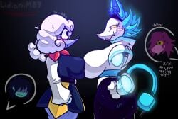 2girls alternate_version_available big_ass big_breasts big_thighs blue_skin blush breast_press clothed_female clothing deltarune deltarune_chapter_2 deltarune_chapter_3 digital_media_(artwork) elnina_(deltarune) flirtatious furry_female huge_ass huge_breasts huge_thighs kris_(deltarune) lidianim07 no_arms no_background surprised susie_(deltarune) sweating tasque_manager_(cryptiacurves) tasque_manager_(deltarune)