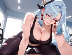 1boy 1girls aether_(genshin_impact) ai_generated arm_support ass balecxi bangs bare_shoulders black_bra black_clothes black_legwear black_pants black_shorts black_sports_bra black_underwear blue_eyes blue_hair blush bra braid braided_ponytail breasts bulge clavicle cleavage closed_mouth clothing cowgirl_position crop_top curvaceous curvaceous_female curvaceous_figure curvy curvy_figure earrings erection erection_under_clothes exercise female female female_focus female_only genshin_impact grey_hair gym gym_clothes hair_ornament hair_over_one_eye hoyoverse indoors inviting inviting_to_sex jewelry large_breasts legwear lips long_hair looking_at_viewer male midriff mihoyo mole navel on_top pants pantyhose ponytail presenting presenting_breasts presenting_self seductive seductive_look seductive_smile shenhe_(genshin_impact) shirt shorts sidelocks sitting smile solo solo_focus sports_bra spread_legs stomach straddling straight sweat tassel tassel_earrings thighs tight_pants torn_clothes torn_legwear underwear very_long_hair voluptuous voluptuous_female white_hair window yoga_pants