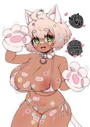 1girls ahoge bandage bandage_on_nose bell bell_collar big_breasts bikini blush blush cat_ears cat_paws collar dark-skinned_female green_eyes heart-shaped_pupils looking_at_viewer nipple_slip nipples original original_character pussy_slip revealing_clothes stickers thick_thighs whomperfruit