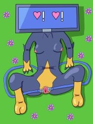 2_toes 3:4 3_fingers absurd_res anthro arm_support black_body black_fur bodily_fluids breasts cable_tail cassette_beasts cat-5_(cassette_beasts) electronics feet felid feline female fingers for_a_head fur genital_fluids heart_eyes heart_symbol hi_res leaning_on_elbow lying mammal multi_tail nipples object_head on_back screen screen_face screen_head sir_spamington solo spread_legs spread_vulva spreading tail television toes tv_head vaginal_fluids vulva yellow_body yellow_fur
