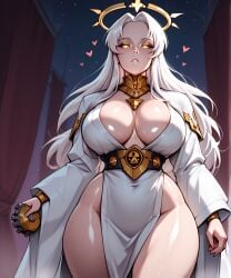 ai ai_generated blue_eyes civitai curvy curvy_female curvy_figure eteeming female female_only genderswap_(mtf) glowing_eyes halo palace robe robert_bumaro rule_63 scp_foundation solo thicc white_hair