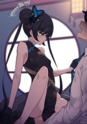 1boy black_dress black_gloves black_hair blue_archive blue_necktie breasts butterfly_hair_ornament china_dress chinese_clothes closed_mouth clothed_sex clothes_grab cowgirl_position dragon_print dress female from_side gloves grey_halo hair_ornament halo highres kisaki_(blue_archive) long_hair male mishima_hiroji necktie necktie_grab neckwear_grab open_mouth pelvic_curtain print_dress sex shirt short_sleeves small_breasts solo_focus straight twintails white_shirt