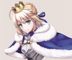 ahoge armor armored_dress artoria_pendragon_(fate) blonde_hair blue_cape blue_ribbon braid breastplate cape crown dress fate/grand_order fate_(series) female fur_trim green_eyes hair_ribbon looking_at_viewer ribbon simple_background smile unizo upper_body