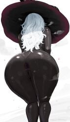 absurdres aelion_draws anus aroused ass ass_focus bare_shoulders black_skin breasts colored_skin completely_nude dark-skinned_female dark_anus dark_skin elden_ring elden_ring_nightreign female from_behind hat heavy_breathing highres huge_ass large_breasts large_hat long_hair nude presenting presenting_anus presenting_ass purple_hat pussy recluse_(elden_ring) simple_background solo steam steaming_body sweat thighs very_dark_skin white_hair witch witch_hat