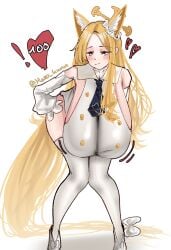 1girls alternate_breast_size animal_ears artist_name artist_signature blonde_hair blue_archive blush breasts breasts_bigger_than_head detached_sleeves ear female female_only gigantic_breasts hanging_breasts heart huge_breasts leaning_forward light-skinned_female light_skin long_hair long_sleeves looking_at_viewer mazo_kunn seia_(blue_archive) sideboob smile solo tail thighhighs top_heavy very_long_hair