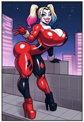 1girls ai_generated back_view big_ass big_breasts blonde_hair city civitai cleavage dc dc_comics dyed_hair female full_body fully_clothed fully_clothed_female harley_quinn huge_breasts multicolored_hair night outdoors rooftop skintight smile solo standing tagme thick_thighs tight_clothing totallynotafurry789 twintails villainess voluptuous white_skin wide_hips