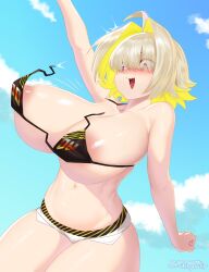 1girls bikini blonde_hair elegg_(nikke) goddess_of_victory:_nikke hair_over_eyes huge_breasts nipples outdoors partially_visible_nipples purple_eyes strikingtulip swimsuit undersized_clothes wardrobe_malfunction