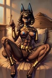 1girls ai_generated anthro anubis_(pal) black_hair blue_eyes female kleo_pati_(scorpianpp) original_character palworld scorpianpp self_upload solo_female stable_diffusion