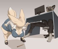 1boy1girl aggressive_retsuko annoyed anthro anthro_only ass big_ass big_breasts big_penis breasts bulge_through_clothing caught chair clothed clothed_female clothed_male cock desk dick erect_penis erection erection_under_clothes erection_under_clothing fat_ass female fenneko fully_clothed furry haida haida_(aggretsuko) hiding_erection kryadrawgin male office penis tail twitching twitching_penis