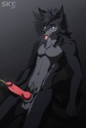 animal_genitalia animal_penis anthro bodily_fluids breath canid canine canine_genitalia canine_penis canis digital_drawing_(artwork) digital_media_(artwork) erection fur genital_fluids genitals hi_res holding_penis knot male mammal panting peeing penis relieved shaded simple_background skyarts solo solo_focus steam tongue urine watersports wolf