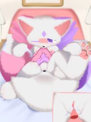 3:4 bed domestic_cat duo felid feline felis female fur furniture hi_res intersex intersex/female mammal orgasm pink_tail purple_tail shiningcanc tail vaginal_penetration vulva white_body white_fur wings