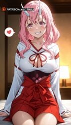 ai_generated anus anus_peek ass blush breasts cameltoe detached_sleeves female hakama hakama_skirt horns indoors japanese_clothes kimono large_breasts long_hair long_sleeves looking_at_viewer lying m_legs meitabuu miko on_back on_bed oni open_mouth panties partially_visible_vulva patreon_logo patreon_username pillow pink_eyes pink_hair pussy_juice red_hakama ribbon-trimmed_sleeves ribbon_trim saliva sash shuna_(tensei_shitara_slime_datta_ken) skirt smile solo spread_legs sunlight sweat teeth tensei_shitara_slime_datta_ken that_time_i_got_reincarnated_as_a_slime thighs tongue tongue_out underwear upper_teeth_only wet white_kimono white_panties wide_sleeves