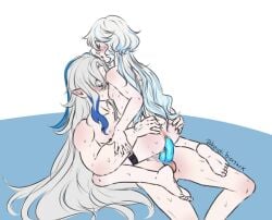 blue_eyes blue_hair female furina_(genshin_impact) genshin_impact grey_hair hoyoverse neuvillette_(genshin_impact) white_hair