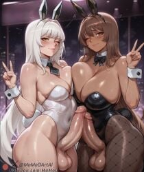 2futas ai_generated asymmetrical_docking bare_shoulders blanc_(nikke) blush breast_press breasts brown_eyes brown_hair dark_skin detached_collar fake_animal_ears fake_tail fishnet_legwear futa_with_futa futanari goddess_of_victory:_nikke leotard long_hair momodart noir_(nikke) one_eye_closed penis playboy_bunny silver_hair stable_diffusion tagme yellow_eyes