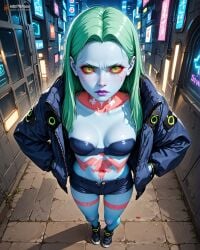 ai ai_generated aqua_hair artificial_eye black_hairband black_jacket black_strapless_bra blue_skin city colored_sclera colored_skin createdwithai cyberpunk cyberpunk:_edgerunners cyberpunk_interior cyberpunk_setting cyberpunk_world cyborg digital_2d fan_art female female girl green_eyes green_hair grey_skin leg_tattoo lights long_hair mechanical_eye neck_tattoo neon night_city nostra666 parted_bangs patreon purple_lips rebecca_(edgerunners) red_pupils red_sclera stable_diffusion stomach_tattoo straight_hair tattoo underwear