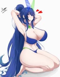 argar_demo armpits azur_lane bare_shoulders bikini blue_bikini blue_eyes blue_hair breasts female full_body hair_between_eyes hair_intakes halterneck heart heterochromatic_eyewear high_ponytail highres huge_breasts long_hair navel new_jersey_(azur_lane) new_jersey_(midsummer_leisure)_(azur_lane) official_alternate_costume ponytail seiza signature simple_background sitting smile solo swimsuit tinted_eyewear very_long_hair