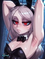 ai_generated animal_ears armpits arms_behind_head arms_up bangs bare_shoulders black_bow black_bowtie black_leotard blush bow bowtie breasts cleavage detached_collar eyelashes fake_animal_ears female grey_hair leotard lips long_hair looking_at_viewer overlord_(maruyama) pengu997 playboy_bunny rabbit_ears red_eyes saliva shalltear_bloodfallen shiny shiny_clothes shiny_hair shiny_skin slit_pupils solo strapless strapless_leotard sweat upper_body white_hair