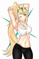 1girl 1girls armpits arms_behind_head arms_up big_breasts black_legwear blonde_female blonde_hair breasts core_crystal core_crystal_(xenoblade) gym_clothes gym_clothing gym_topwear hairband leggings long_hair mythra mythra_(xenoblade) ponytail ponytail_female shiomidark stretching sweat sweatdrop sweating thighs topwear xenoblade_(series) xenoblade_chronicles_2