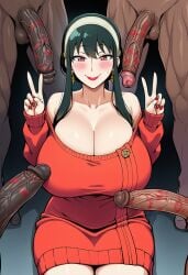 a_ibooba ai_generated cheating cheating_wife cock_hungry cock_worship dark-skinned_male huge_breasts large_breasts lipstick lipstick_mark lipstick_on_penis mature_female netorare ntr peace_sign spy_x_family surrounded_by_penises yor_briar yor_forger