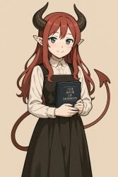 1girls ai_generated anime blue_eyes book freckles lambai11 mormonism red_hair religion sfw shitpost standing succubus succubus_horns succubus_tail