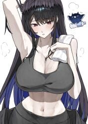 1girls armpits arms_up belly_button black_hair blue_hair bottle breasts cleavage crop_top ewn female gym_uniform hololive hololive_english jailbird_(nerissa_ravencroft) nerissa_ravencroft pants red_eyes sweat towel virtual_youtuber workout_clothes yoga_pants