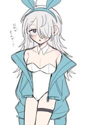 blush bunny_ears bunnysuit cleavage female female_only garter gegege_no_kitarou genderswap_(mtf) hair_over_one_eye half-closed_eyes jacket kitarou_tanjou_gegege_no_nazo long_hair looking_at_viewer medama_oyaji_(human) off_shoulder open_jacket pale-skinned_female pale_skin playboy_bunny purple_eyes rule_63 shy solo sweatdrop thigh_strap white_hair white_leotard