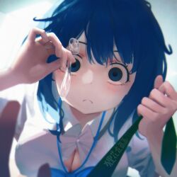 0_0 absurdres blue_eyes blue_hair breasts cleavage collared_shirt condom cum female highres holding holding_condom large_breasts long_hair looking_at_viewer make_heroine_ga_oo_sugiru! shirt sklt_(swyt8223) solo white_shirt yanami_anna